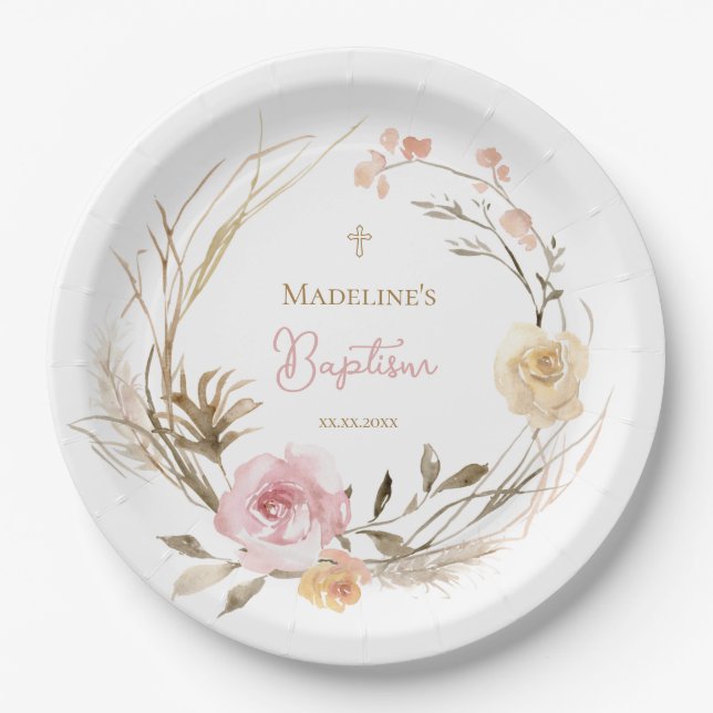  watercolor pink beige flowers Baptism Paper Plates (Front)
