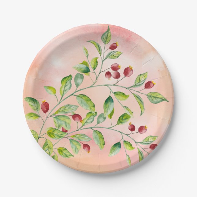 Watercolor Pink Berries and Green Foliage Wedding Paper Plates (Front)