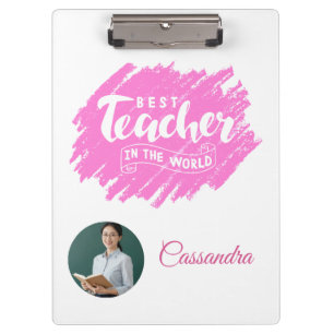 Watercolor Pink Best Teacher in The World Photo Clipboard