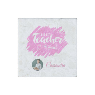 Watercolor Pink Best Teacher in The World Photo Stone Magnet