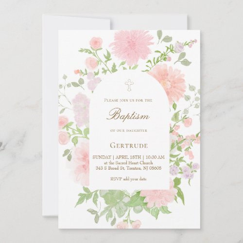 watercolor pink big flowers Baptism Invitation