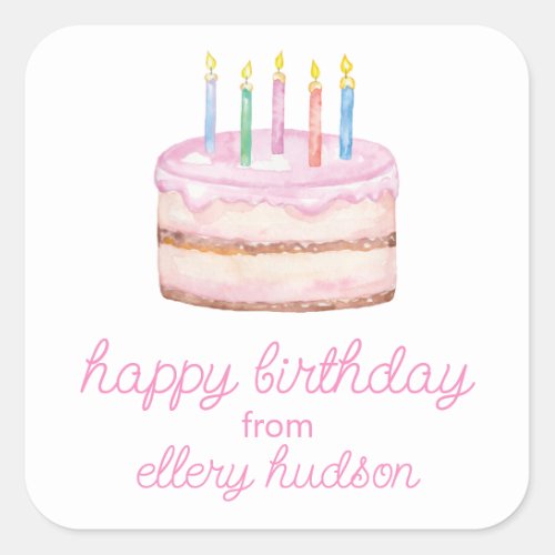 Watercolor Pink Birthday Cake Square Sticker