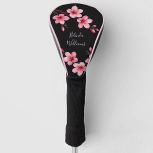 Watercolor Pink Black Cherry Blossom Monogram Golf Head Cover