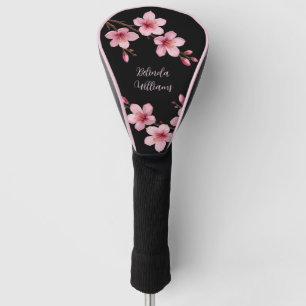 Watercolor Pink Black Cherry Blossom Monogram Golf Head Cover