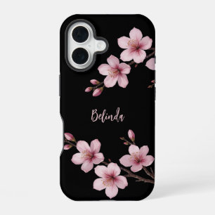 Watercolor Pink Black Cherry Blossom Monogram  iPhone 16 Case