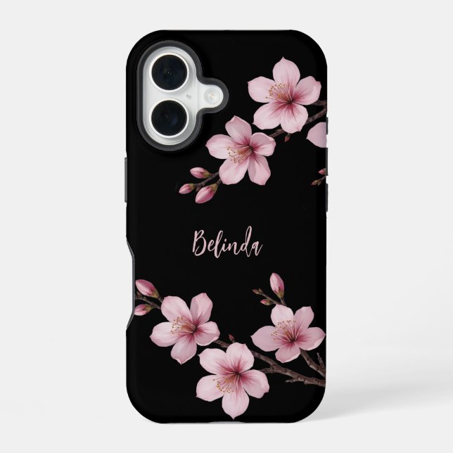 Watercolor Pink Black Cherry Blossom Monogram  iPhone Case (Back)