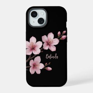 Watercolor Pink Black Cherry Blossom Monogram iPhone 15 Case