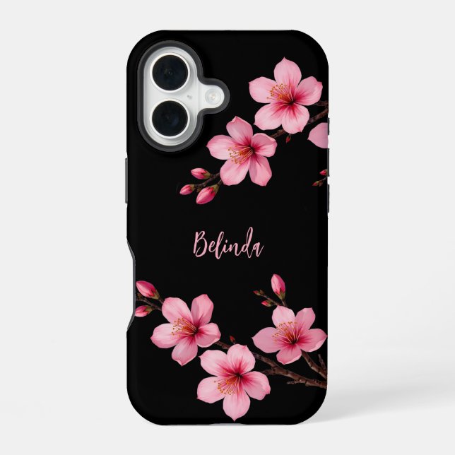 Watercolor Pink Black Cherry Blossom Monogram  iPhone Case (Back)