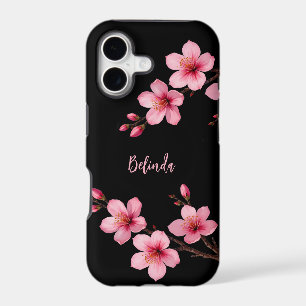Watercolor Pink Black Cherry Blossom Monogram iPhone 17 Case