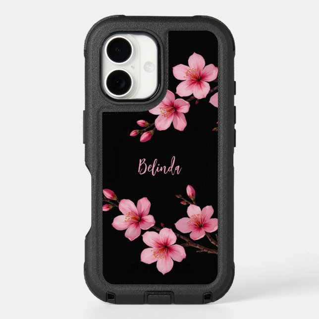 Watercolor Pink Black Cherry Blossom Monogram  Otterbox iPhone Case (Back)