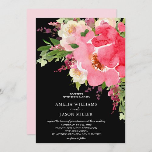Watercolor Pink Black Floral Wedding Invitations