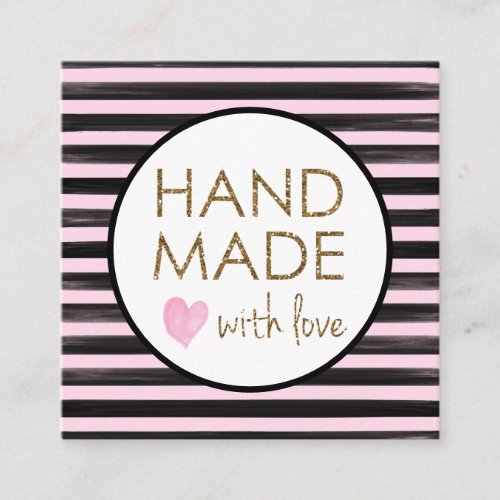 Watercolor Pink Black Glitter Handmade with Love Square Business Card
