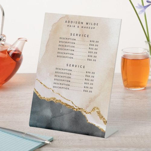 Custom Price Menus 8 Watercolor Pink Black Gold Marble Service Price Pedestal Sign