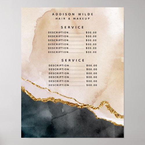 Watercolor Pink Black Gold Marble Service Price Poster