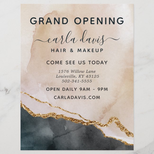 Watercolor Pink Black Gold Salon Grand Opening Flyer