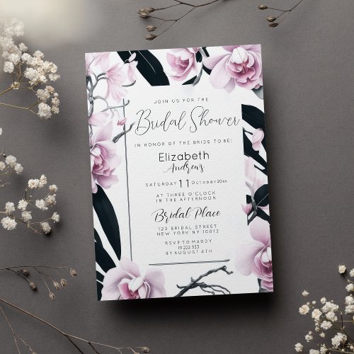 Watercolor pink black orchid flower Bridal Shower  Invitation