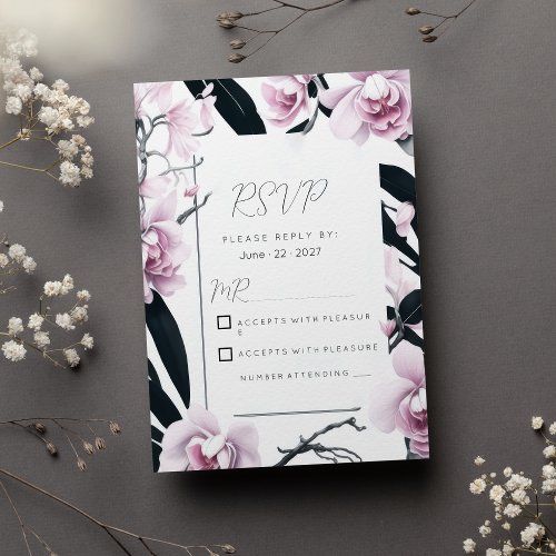 Watercolor pink black orchid flowers RSVP Invitation