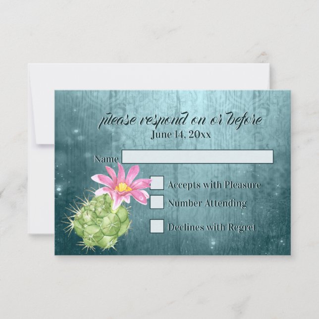 Watercolor Pink Blooming Cactus Wedding RSVP Card (Front)