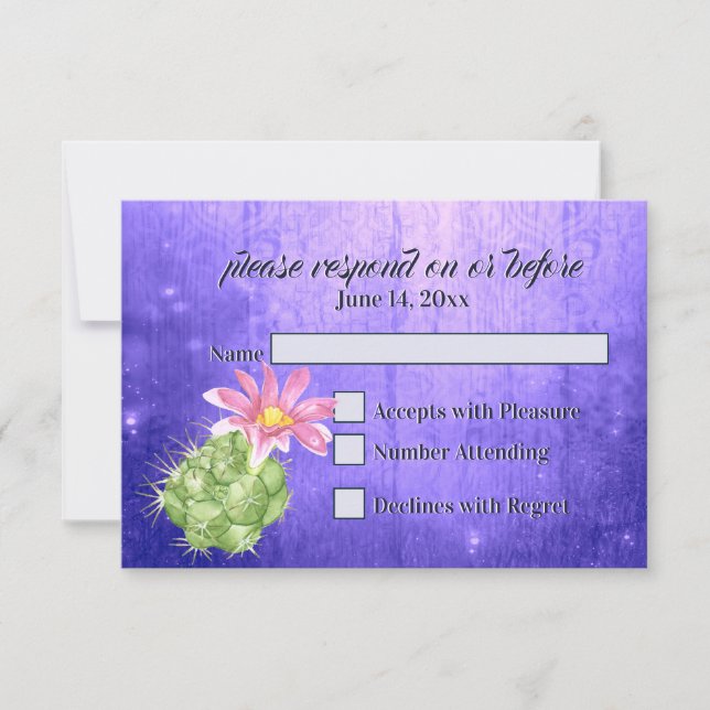 Watercolor Pink Blooming Cactus Wedding RSVP Card (Front)