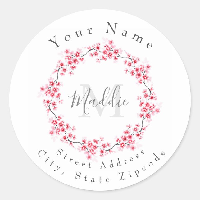  'Watercolor Pink Blossoms Wreath' Labels (Front)