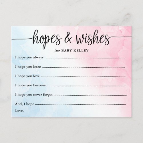 Watercolor Pink  Blue Baby Hopes  Wishes Card