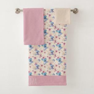 Watercolor pink blue Butterfly pattern name  Bath Towel Set