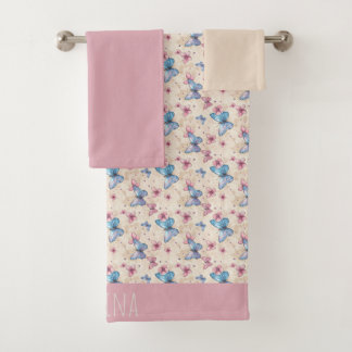 Watercolor pink blue Butterfly pattern name  Bath Towel Set