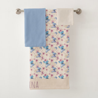 Watercolor pink blue Butterfly pattern name  Bath Towel Set