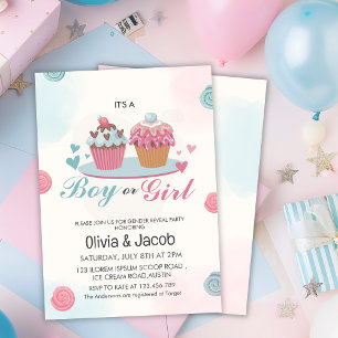 Watercolor pink blue cupcake gender reveal party invitation