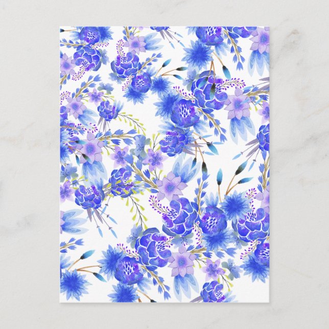 Watercolor pink blue elegant flowers pattern postcard (Front)