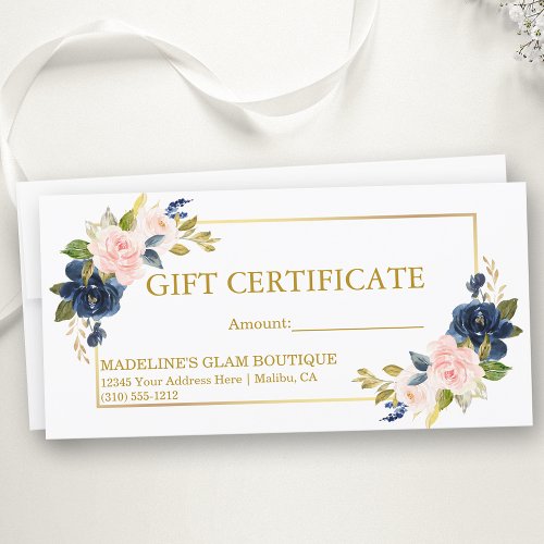 Watercolor Pink Blue Floral Gold Gift Certificate