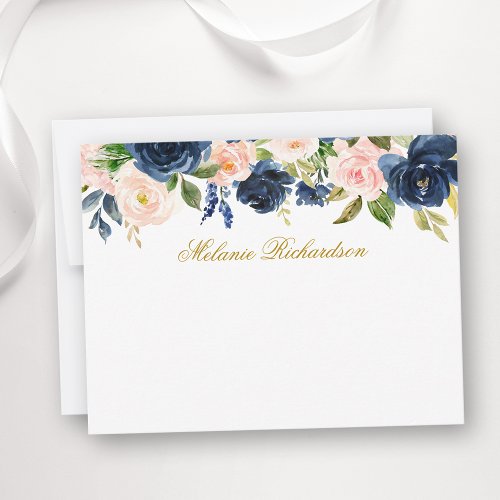 Watercolor Pink Blue Floral Personalized Gold Note Card