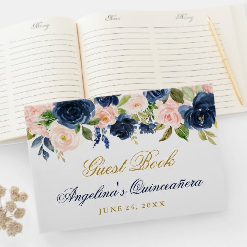 Watercolor Pink Blue Floral Quinceanera  Guest Book