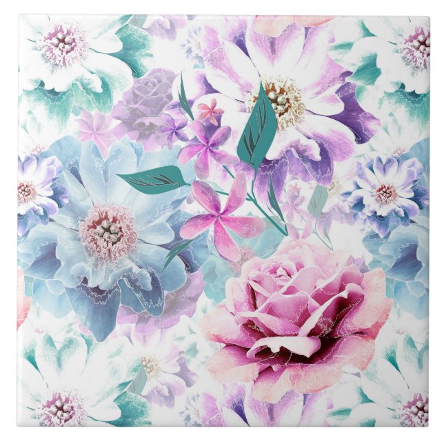 Watercolor pink, blue flowers.  ceramic tile (Front)