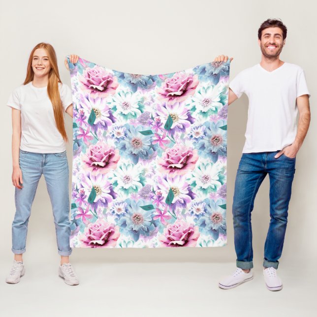 Watercolor pink, blue flowers.  fleece blanket (In Situ)