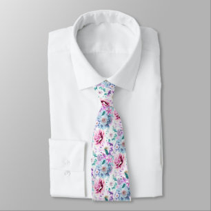 Watercolor pink, blue flowers. neck tie