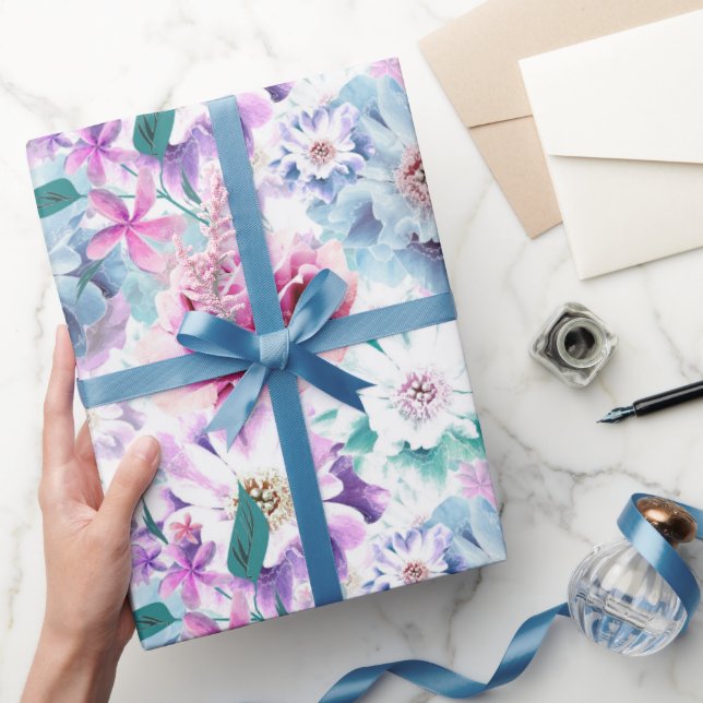 Watercolor pink, blue flowers.  wrapping paper (Gifting)