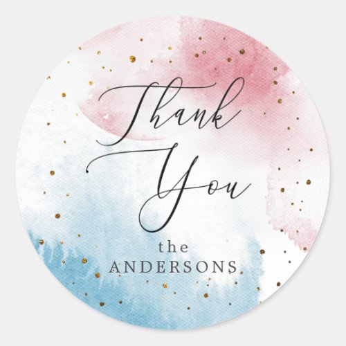 Watercolor Pink Blue Gender Reveal Party Classic Round Sticker