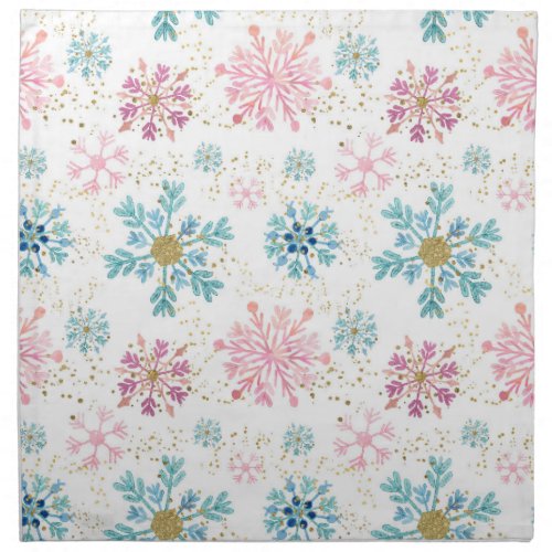 Watercolor Pink Blue  Gold Winter Snowflakes Cloth Napkin