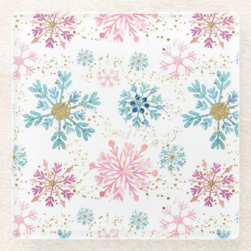 Watercolor Pink Blue  Gold Winter Snowflakes Glass Coaster
