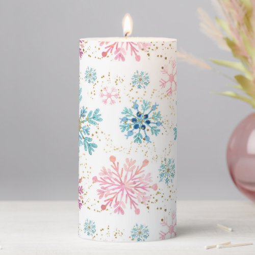 Watercolor Pink Blue  Gold Winter Snowflakes Pillar Candle