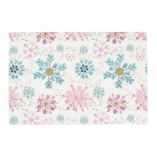 Watercolor Pink, Blue & Gold Winter Snowflakes Placemat