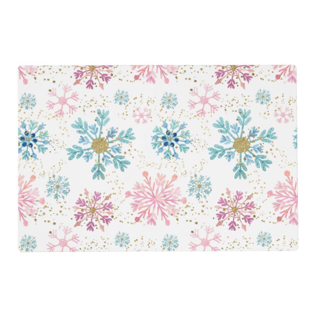 Watercolor Pink, Blue & Gold Winter Snowflakes Placemat (Front)