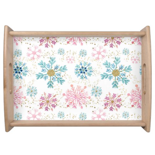 Watercolor Pink Blue  Gold Winter Snowflakes Serving Tray