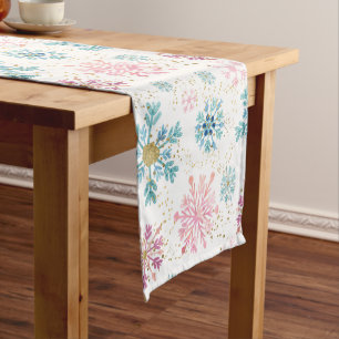 Watercolor Pink, Blue & Gold Winter Snowflakes Short Table Runner