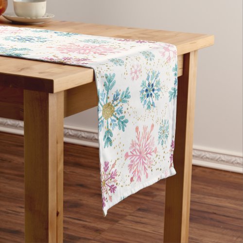 Watercolor Pink Blue  Gold Winter Snowflakes Short Table Runner