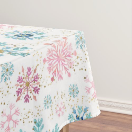 Watercolor Pink Blue  Gold Winter Snowflakes Tablecloth