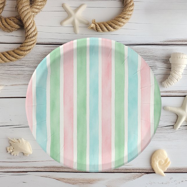 Watercolor Pink Blue Green Striped  Paper Plates (Creator Uploaded)