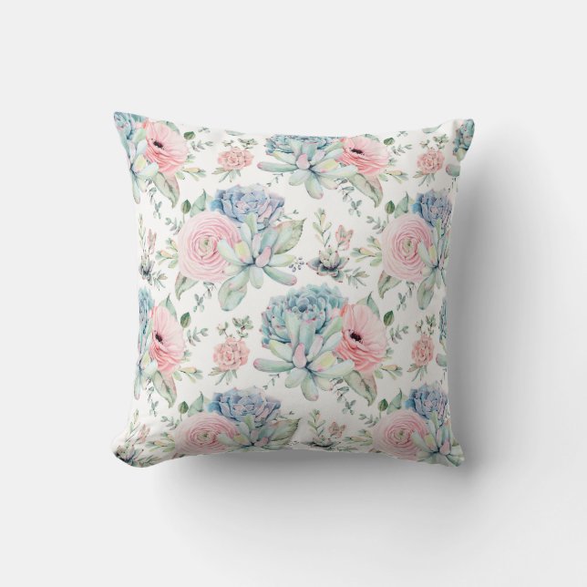 Watercolor Pink Blue Green Succulents Greenery | Throw Pillow (Front)