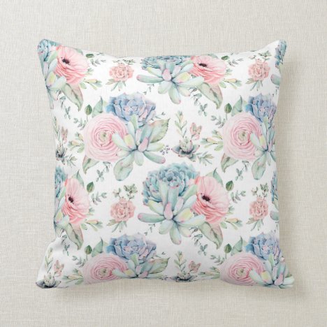 Watercolor Pink Blue Green Succulents Greenery | Throw Pillow